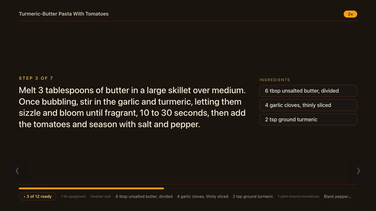 reciWe Cook Mode on a TV: one large step, the ingredients it needs beside it, and progress along the bottom