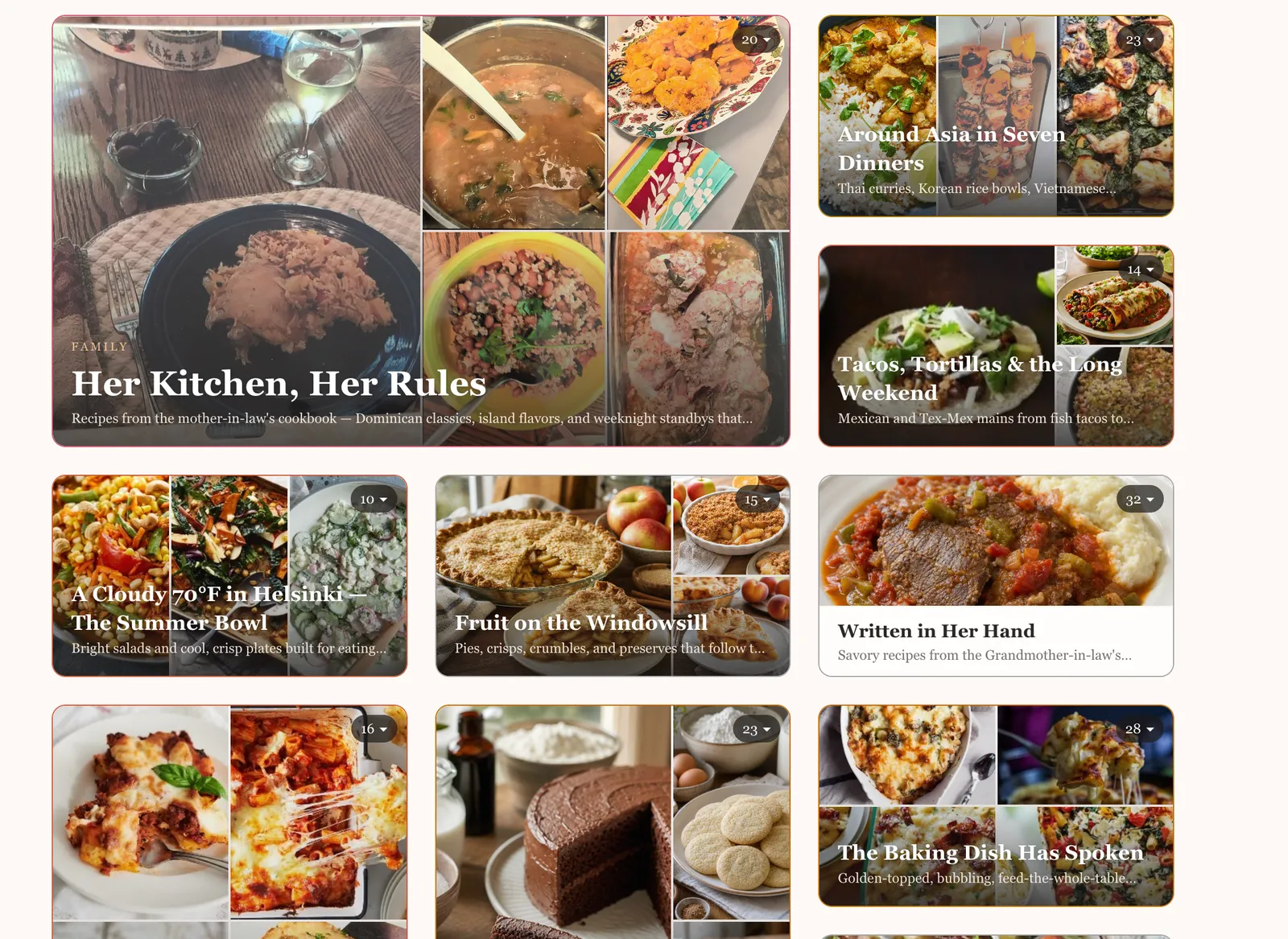 A reciWe cookbook shelf of themed collections, each a collage of real food photos