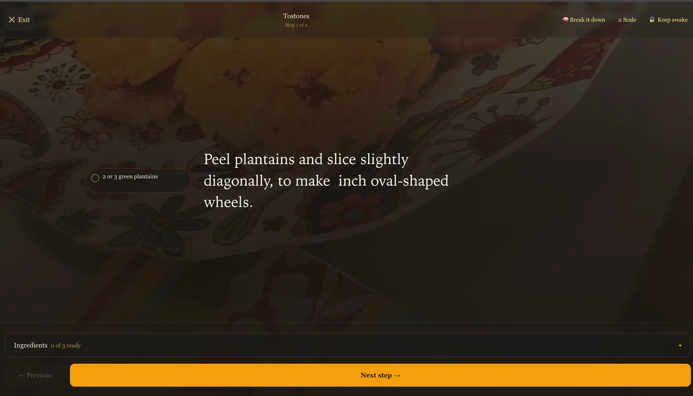 reciWe Cook Mode showing one large step at a time with ingredients checked off as you go