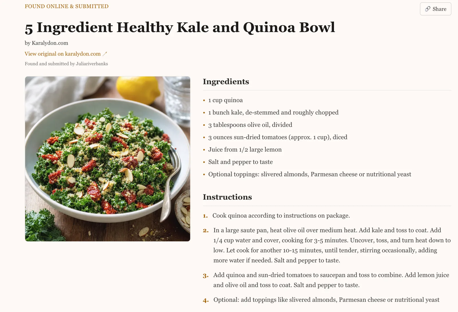 A reciWe recipe page: clean ingredients and instructions with the original source credited