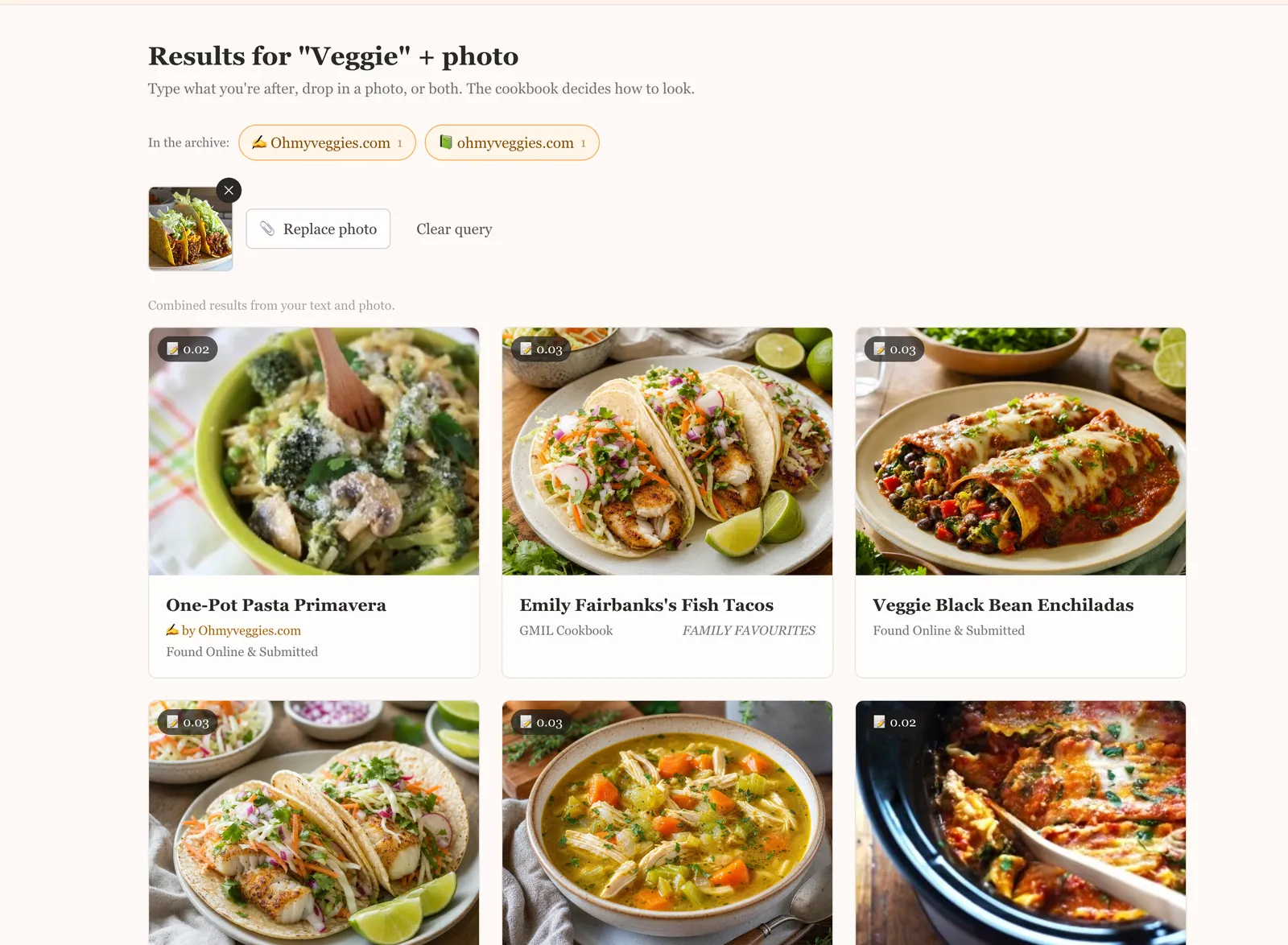 reciWe search combining the word “veggie” with an attached taco photo — results matched from both