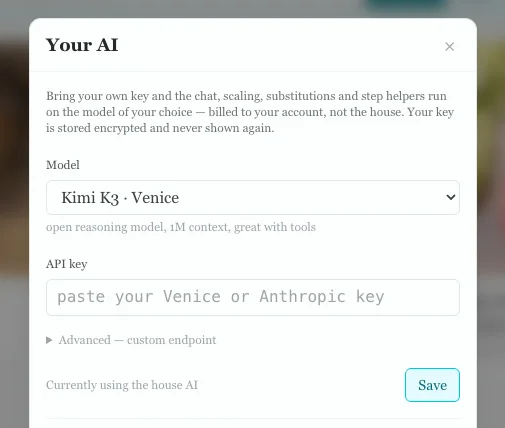 reciWe's AI settings panel: choose your own provider and model with your own API key